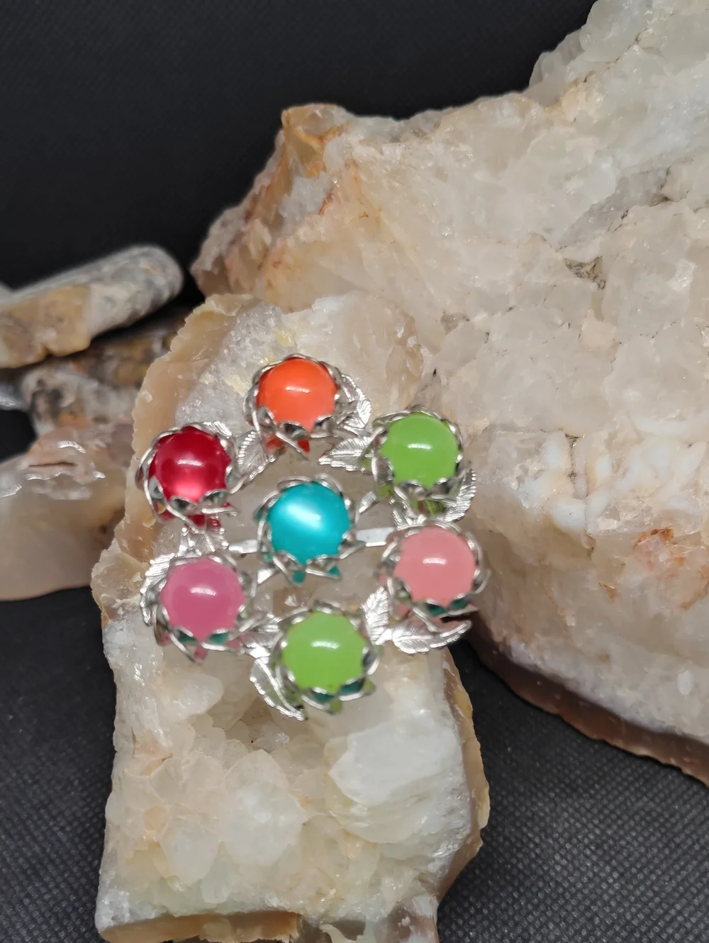 Vintage 1960s Silver-Tone Brooch with Moonglow And Pastel Cabochons